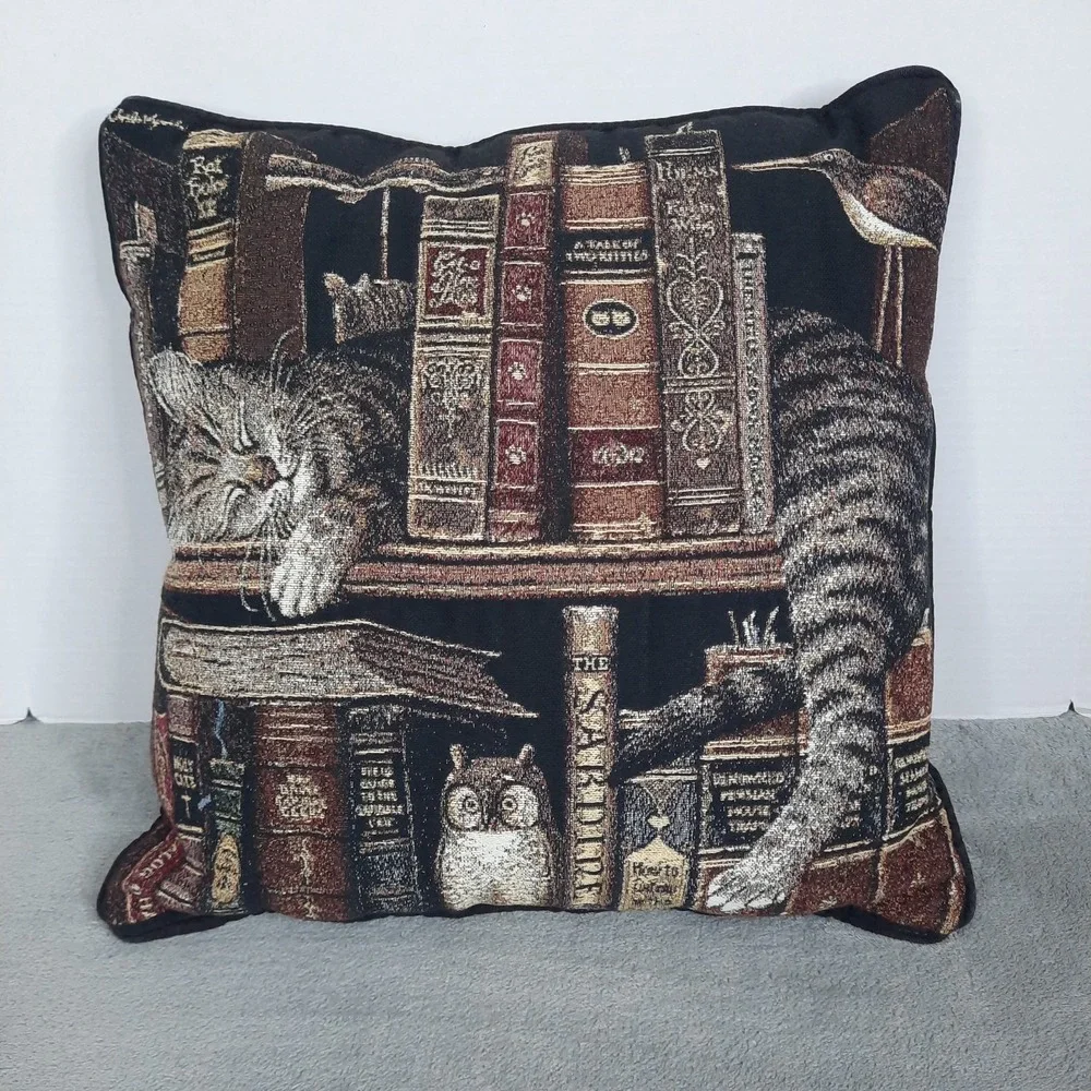 Frederick the Literate Charles Wysocki Tapestry Throw Pillow Library Cat Vintage